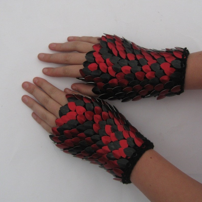 Scalemail Dragonhide Knitted Armor Gauntlets in Red and Black choose your size image 1