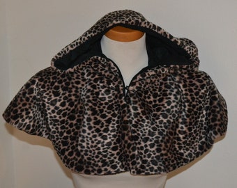 Leopard Print Faux Fur Short Hooded Cape