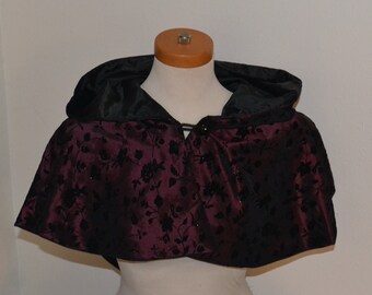 Capelet with Hood Plum Taffeta with Flocked Black Floral Print, fully lined