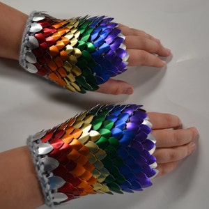 Fingerless Gloves in knitted Dragonhide Scalemail Armor Rainbow Size choose your size