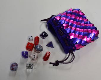 Dice Bag of knitted Scale Mail in Purple and PInk Dragonhide Armor