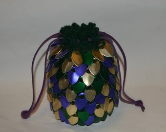 Scale Mail Dice Bag of Almost Holding in Knitted Dragonhide Mardi Gras colors