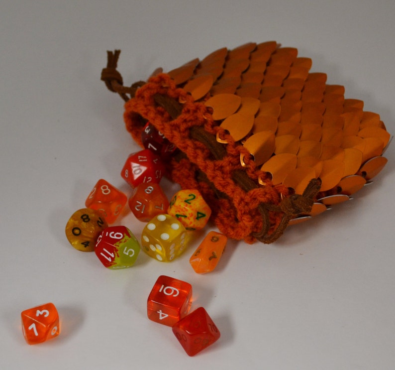 Scale Maille Dice Bag in knitted Dragonhide Armor Orange image 1