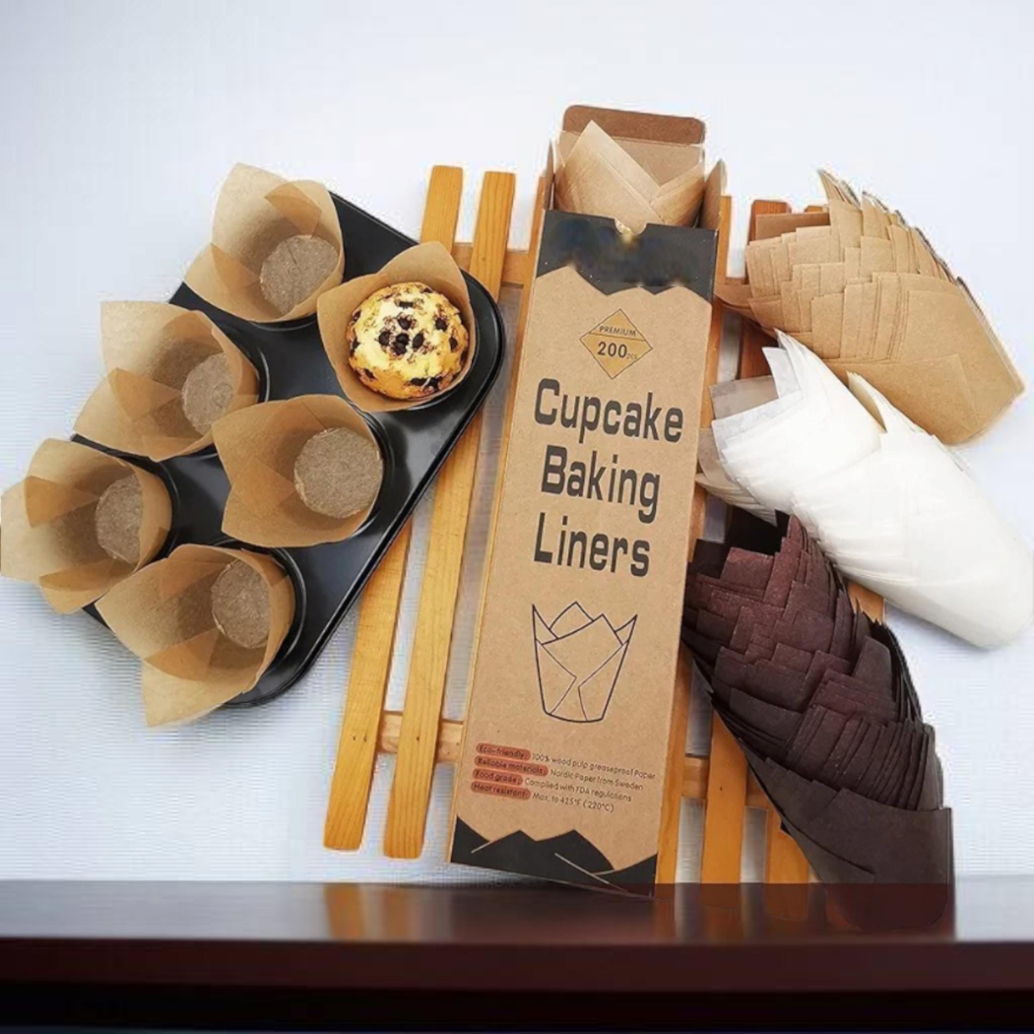 200 Natural Tulip Cupcake Liners - Unbleached Parchment Muffin Wrappers, Grease-Proof Baking Cups for Parties & Holidays