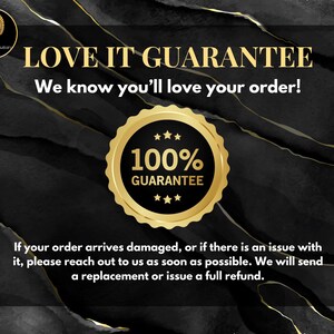 K&ouml;nnte beinhalten: Eine schwarze und goldene Grafik mit dem Text "LOVE IT GUARANTEE" und "We know you'll love your order!" Ein goldener Kreis mit dem Text "100% GUARANTEE" befindet sich in der Mitte der Grafik. Der Text unter dem Kreis lautet "Wenn Ihre Bestellung besch&auml;digt ankommt oder es ein Problem damit gibt, wenden Sie sich bitte so schnell wie m&ouml;glich an uns. Wir senden Ihnen einen Ersatz oder erstatten Ihnen den vollen Kaufpreis."