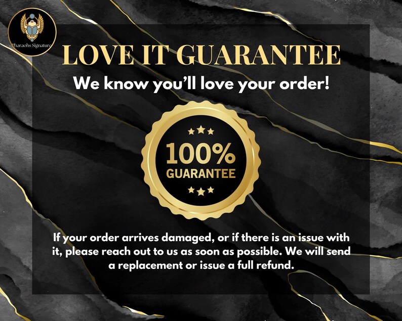 K&ouml;nnte beinhalten: Eine schwarze und goldene Grafik mit dem Text "LOVE IT GUARANTEE" und "We know you'll love your order!" Ein goldener Kreis mit dem Text "100% GUARANTEE" befindet sich in der Mitte der Grafik. Der Text unter dem Kreis lautet "Wenn Ihre Bestellung besch&auml;digt ankommt oder es ein Problem damit gibt, wenden Sie sich bitte so schnell wie m&ouml;glich an uns. Wir senden Ihnen einen Ersatz oder erstatten Ihnen den vollen Kaufpreis."