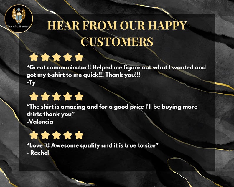 K&ouml;nnte beinhalten: Eine schwarze und goldene Grafik mit dem Text "Hear from our happy customers" und drei Kundenbewertungen mit f&uuml;nf Sternen. Die Bewertungen sind positiv und heben die Qualit&auml;t der Produkte und den Kundenservice hervor.