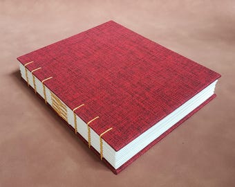 Handmade Coptic Stitch Binding Journal: Red Japanese Canvas, Lay Flat A5+