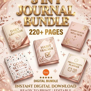 Könnte beinhalten: Ein 5-in-1-Journal-Paket mit fünf Büchern namens Daily Gratitude, Habit Tracker, Mindfulness Wellness, Goal Setting und Productivity Planner. Das digitale Paket enthält über 220 Seiten, ist druckfertig und bearbeitbar mit roségoldenen Akzenten.