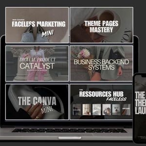 May include: A laptop and smartphone display various digital marketing course titles, including "Faceless Marketing Mini," "Theme Pages Mastery," and "Digital Product Catalyst." The image is set against a dark gray background.