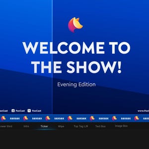 Peut inclure: Graphique numérique avec un fond bleu dégradé. Les mots "WELCOME TO THE SHOW!" sont en grand texte blanc. En dessous, en plus petit texte blanc, on peut lire "Evening Edition". Un logo est dans le coin supérieur droit.