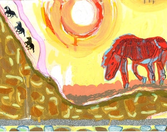 Art Print - Icelandic For Sun:  Folk Art Illustration with Skeleton Horse