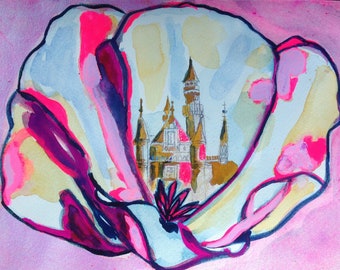 Rainbow Poppy-Land Art Print of Magical Castle Flower Painting