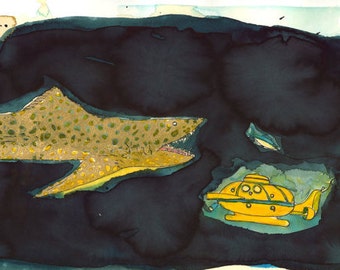 Hooking the Rhinestone Bluefin: The Jaguar Shark Approaches Jacqueline-  Illustration from Wes Anderson's The Life Aquatic
