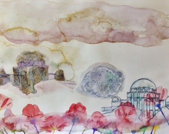 Griffith Park Between Afterlives Watercolor Art Print by Liz Layton with the Moon & Poppies