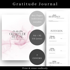 Könnte beinhalten: Ein Dankbarkeitstagebuch mit dem Titel "Gratitude Ritual" und dem Text "One Line a Day". Das Tagebuch enthält wichtige Seiten, 7 Umschläge und ist in den Formaten A4, A5 und US Letter erhältlich. Das Tagebuch ist zum Drucken und Wiederverwenden konzipiert.