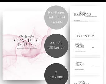 Puede incluir: Un diario de gratitud con el título "Gratitude Ritual" y el texto "One Line a Day". El diario incluye páginas clave, 7 cubiertas y está disponible en tamaños A4, A5 y US Letter. El diario está diseñado para imprimir y reutilizar.
