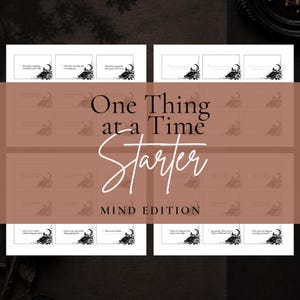 May include: A printable sheet of rectangular cards featuring black and white illustrations of a book, roses, and a crescent moon. Each card contains a checkbox and text prompts such as Write down everything currently in your mind and Take ten slow breaths.