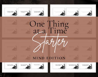 Puede incluir: Una hoja imprimible de tarjetas rectangulares con ilustraciones en blanco y negro de un libro, rosas y una luna creciente. Cada tarjeta contiene una casilla de verificación y avisos de texto como Write down everything currently in your mind.