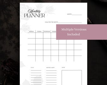 Puede incluir: Una página de planificador mensual blanca con texto y líneas de cuadrícula en negro. El encabezado dice Monthly Planner con un fondo de patrón de rosas. Incluye secciones para mes, objetivo, calendario, tareas, hábitos y notas.