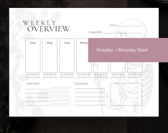 Weekly Planner Printable PDF – Gothic Weekly Overview, Schedule & Habit Tracker Template