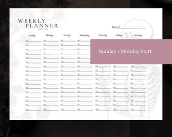 Puede incluir: Una hoja de planificador semanal blanca con texto y líneas negras, con una ilustración de un esqueleto y una rosa. El encabezado dice WEEKLY PLANNER 6 AM - 10 PM y Week of. Un rectángulo malva muestra el texto Sunday + Monday Start.