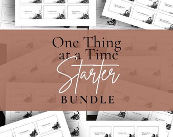 Puede incluir: Un paquete imprimible One Thing at a Time Starter Bundle que presenta varias hojas de tarjetas de tareas rectangulares blancas con texto negro e ilustraciones florales decorativas en las esquinas, cada una con una casilla y una línea.
