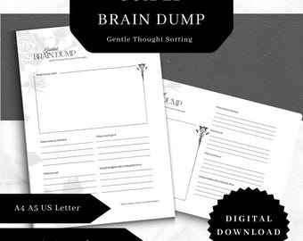 Puede incluir: Hojas de papel blancas con el texto "GUIDED BRAIN DUMP" y "Gentle Thought Sorting". Las hojas tienen indicaciones para escribir y están etiquetadas en tamaños A4, A5 y US Letter. La imagen también incluye las palabras "DIGITAL DOWNLOAD".