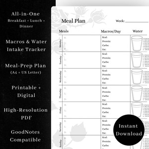 Gothic Meal Prep Planner (PDF) | Veckovis måltidsplanerare | Vatten- och makrospårare | Witchy Tracker A4 A5 US bild 3