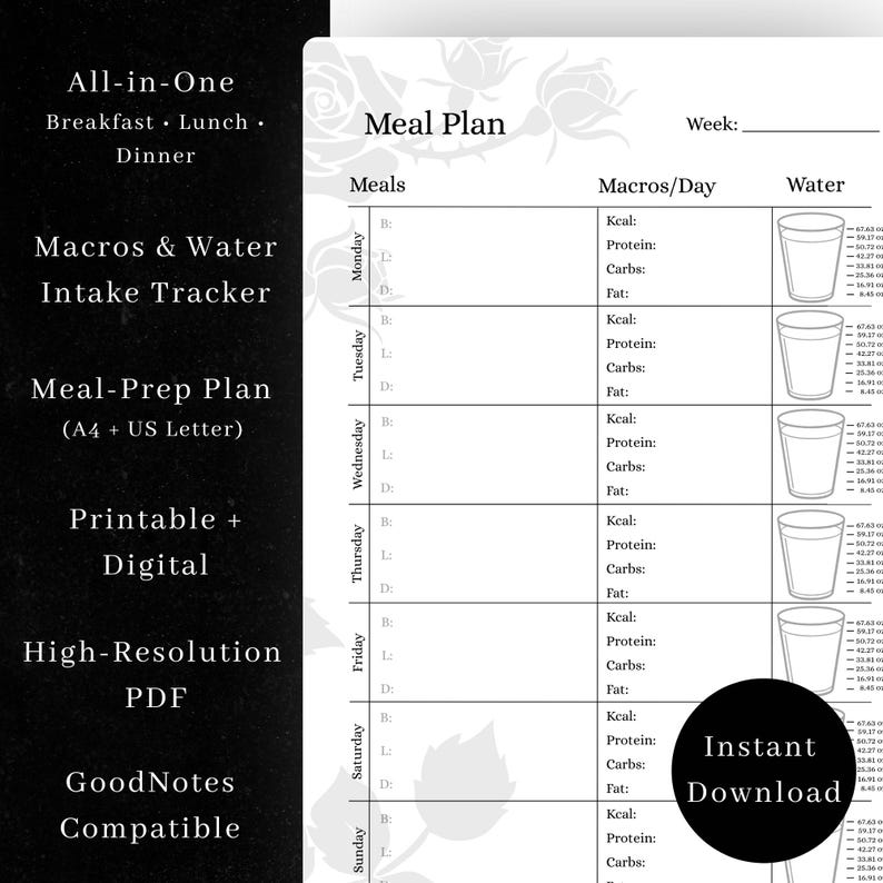 Gothic Meal Prep Planner (PDF) | Veckovis måltidsplanerare | Vatten- och makrospårare | Witchy Tracker A4 A5 US bild 3