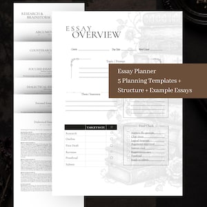 Könnte beinhalten: Eine Essay-Planungsvorlage auf weißem Papier mit schwarzem Text mit dem Titel Essay Overview, die Abschnitte für Kurs, Fälligkeitsdatum, Wortanzahl, Thema, These, eine Zieldatentabelle und eine Checkliste für die Endkontrolle enthält.