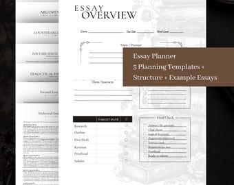 Puede incluir: Una plantilla de planificador de ensayos en papel blanco con texto negro titulada Essay Overview, que incluye secciones para curso, fecha de entrega, recuento de palabras, tema, tesis, una tabla de fechas objetivo y una lista de verificación final.