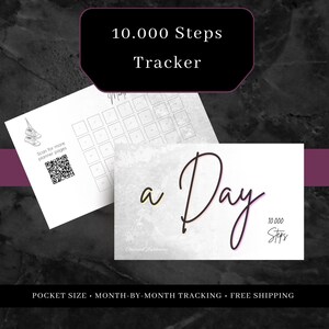 Könnte beinhalten: Zwei weiße Karten mit Text vor schwarzem Hintergrund. Eine Karte zeigt "10.000 Steps Tracker" in einer schwarzen Box. Die andere Karte sagt "a Day 10.000 Steps". Auf der linken Karte befindet sich ein QR-Code.