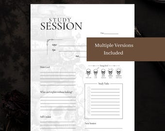 Puede incluir: Una página de planificador de sesiones de estudio blanca con texto negro y una ilustración de fondo de libros apilados, rosas y una calavera. El diseño incluye secciones para fecha, materia, tema, hora de inicio, objetivo principal, nivel de energía con iconos de calavera y tareas de estudio.