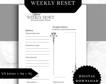 Puede incluir: Un planificador de reinicio semanal imprimible con el texto "PRINTABLE WEEKLY RESET" en la parte superior. El planificador incluye secciones para la reflexión y los pensamientos a liberar, con el texto "US Letter + A4 + A5" en la parte inferior.