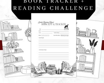 Puede incluir: Seguimiento de libros imprimible en blanco y negro y desafío de lectura. El diseño incluye una lista de libros y un rastreador, con ilustraciones de estanterías, libros y un gato. El texto dice "BOOK TRACKER + READING CHALLENGE".