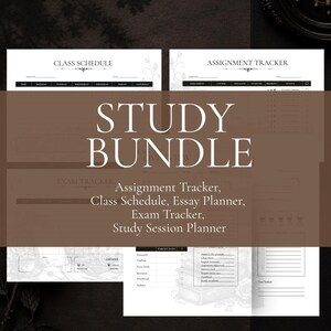 May include: A study bundle of printable planner pages featuring a Class Schedule, Assignment Tracker, Exam Tracker, Essay Planner, and Study Session Planner. Each white page includes black text, tables, and floral illustrations for academic organization.