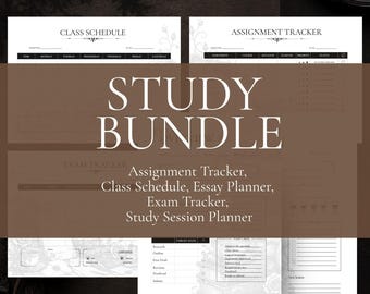Puede incluir: Un paquete de estudio con páginas de planificador imprimibles que incluye horario de clases, seguimiento de tareas, seguimiento de exámenes, planificador de ensayos y planificador de sesiones de estudio con texto y motivos florales negros.