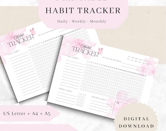 Tracciatore delle abitudini floreali da stampare (PDF) | Tracciatore delle abitudini dei fiori di ciliegio A4 A5 US Letter | 2 versioni | Senza data | Planner stampabile