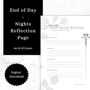 Könnte beinhalten: Digitaler Download einer schwarz-weißen Reflexionsseite. Die Seite enthält Fragen für die nächtliche Reflexion mit dem Text "End of Day - Nights Reflection Page". Das Bild enthält auch den Text "Digital Download".