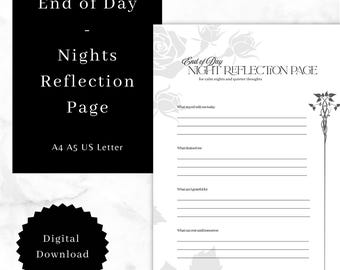 Puede incluir: Descarga digital de una página de reflexión en blanco y negro. La página incluye preguntas para la reflexión nocturna, con el texto "End of Day - Nights Reflection Page". La imagen también incluye el texto "Digital Download".