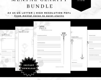 Puede incluir: Un paquete de claridad mental con el texto "Mental Clarity Bundle" y "From mental noise to quiet clarity". El paquete incluye páginas PDF imprimibles con diseños florales y indicaciones para el diario. La palabra "Instant Download" también es visible.