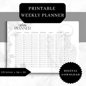 Könnte beinhalten: Druckbarer Wochenplaner mit Skelett-Design. Der schwarze Text oben lautet "Printable Weekly Planner". Der Planer enthält Abschnitte für jeden Wochentag mit Zeitfenstern. In der unteren linken Ecke steht "US Letter + A4 + A5".