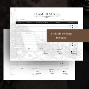 Könnte beinhalten: Eine weiße Papier-Prüfungs-Tracker-Vorlage mit einer schwarzen Kopfzeile mit dem Text EXAM TRACKER und einem Totenkopf-Symbol. Das Raster enthält Spalten für Prüfung, Kurs, Datum, Beginn, Themen und Vertrauensstufen mit Totenkopf-Symbolen.