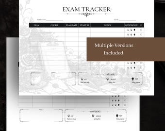 Puede incluir: Una plantilla de seguimiento de exámenes en papel blanco con un encabezado negro con el texto EXAM TRACKER y un icono de calavera. La cuadrícula incluye columnas para examen, curso, fecha, inicio, temas y niveles de confianza con calaveras.