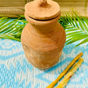 May include: A small, unglazed terracotta pot with a matching lid. The pot is round with a narrow neck and a slightly bulbous body. Two yellow breadsticks rest on a blue and white patterned surface. Green palm fronds and a woven mat are in the background.