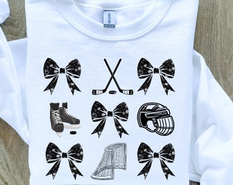Hockey Coquette Bows Sweater, Hockey Mom Shirt, Hockey Girl Player Shirt, Hockey Aunt Shirt, Hockey Puck & Bows, Hockey Game Day Sweater