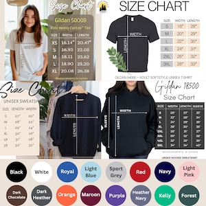 Może przedstawiać: Tabela rozmiar&oacute;w dla koszulki Gildan 5000B Kids Heavy Cotton Tee, koszulki unisex Gildan 64000 Adult Softstyle Unisex T-Shirt i bluzy z kapturem unisex Gildan 18500 Unisex Hooded Sweatshirt. Tabela pokazuje wymiary w calach dla r&oacute;żnych rozmiar&oacute;w, w tym XS, S, M, L, XL, 2XL, 3XL, 4XL i 5XL. Tabela zawiera r&oacute;wnież paletę kolor&oacute;w z r&oacute;żnymi kolorami, w tym czarny, biały, kr&oacute;lewski, jasnoniebieski, szary sportowy, czerwony, granatowy, jasnor&oacute;żowy, ciemny brąz, ciemnoszary, pomarańczowy, brązowy, fioletowy, granatowy melanż, kelly i leśny.