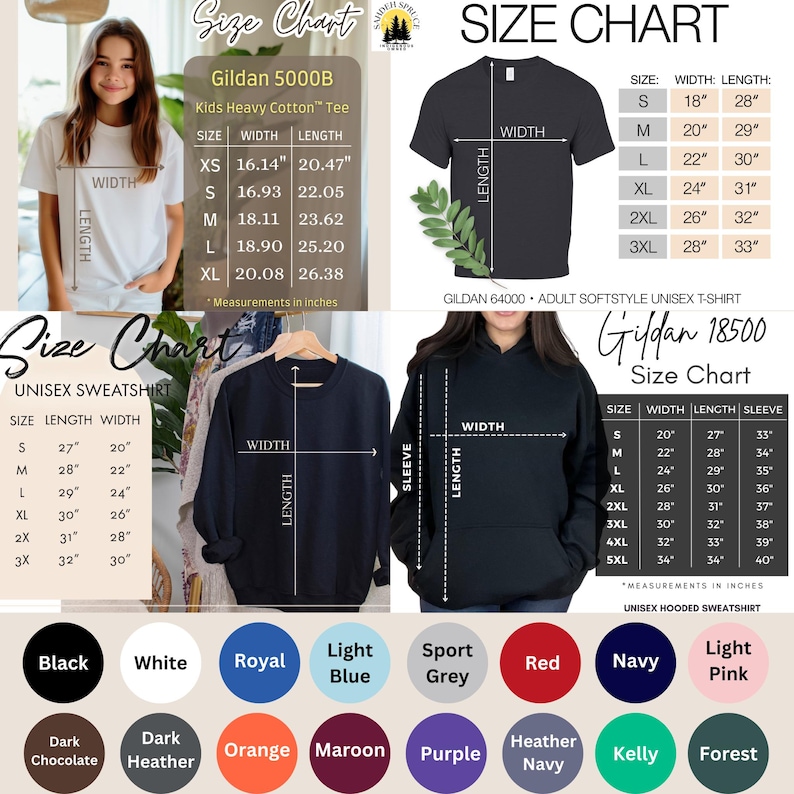 Może przedstawiać: Tabela rozmiar&oacute;w dla koszulki Gildan 5000B Kids Heavy Cotton Tee, koszulki unisex Gildan 64000 Adult Softstyle Unisex T-Shirt i bluzy z kapturem unisex Gildan 18500 Unisex Hooded Sweatshirt. Tabela pokazuje wymiary w calach dla r&oacute;żnych rozmiar&oacute;w, w tym XS, S, M, L, XL, 2XL, 3XL, 4XL i 5XL. Tabela zawiera r&oacute;wnież paletę kolor&oacute;w z r&oacute;żnymi kolorami, w tym czarny, biały, kr&oacute;lewski, jasnoniebieski, szary sportowy, czerwony, granatowy, jasnor&oacute;żowy, ciemny brąz, ciemnoszary, pomarańczowy, brązowy, fioletowy, granatowy melanż, kelly i leśny.