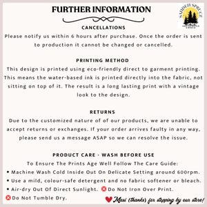 May include: A cream-coloured card with black text providing information on order cancellations, printing methods, returns, and product care. Features a logo with trees and the words "Further Information".